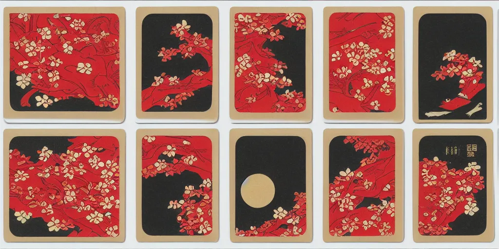 Prompt: hanafuda, set of 4 cards for january, trending on behance, concept art, stunning, matte