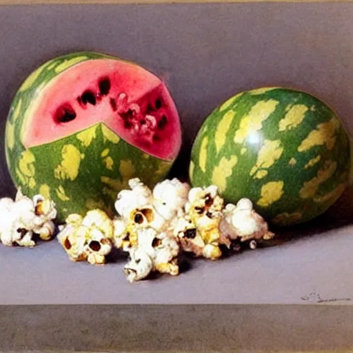 Prompt: (((((1950s watermelons and popcorn. muted colors.))))) by Jean-Baptiste Monge !!!!!!!!!!!!!!!!!!!!!!!!!!!