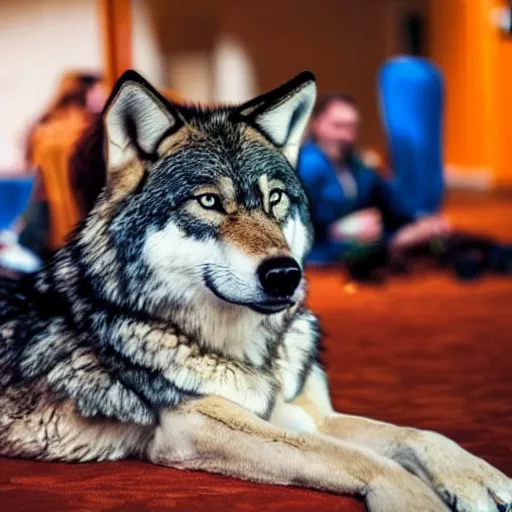 Image similar to portrait of a wolf fursuit at a furry convention, indoors, realisitc photo