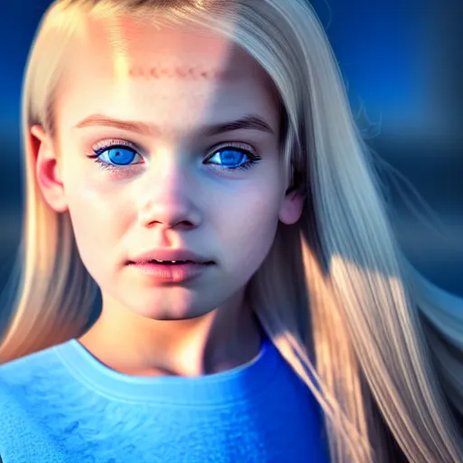 Image similar to ultra realistic and ultra detailed portrait of a young beautiful girl with blond hair and blue eyes falling through the sky, 4 k