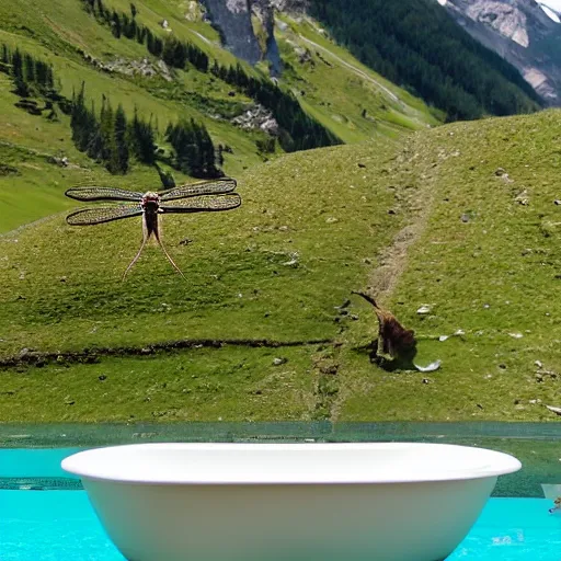 Image similar to dragonfly in a bathtub in the alps, goats in background