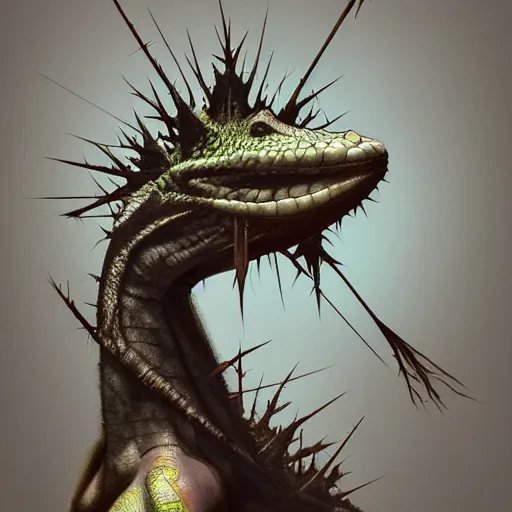 Image similar to portrait of a lizard as jesus, surrealist, crown of thorns, cross, christianity, intricate, elegant, highly detailed, centered, grungy, digital painting, artstation, concept art, smooth, sharp focus, boris vallejo