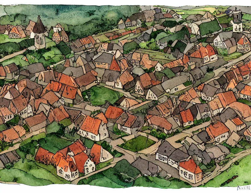 Image similar to a typical dutch village, isometric aerial view, whimsical watercolor illustration by anton pieck, very detailed, high resolution, ambient lighting