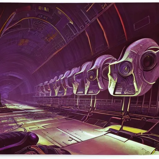 Prompt: painting of a syd mead scifi ancient civilzation interior engine room, purple sun, hr giger