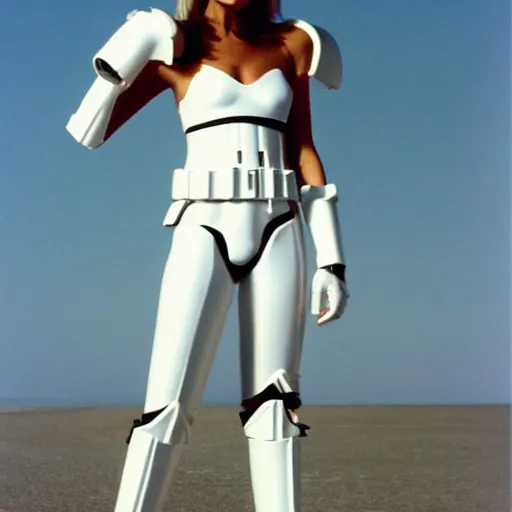 Image similar to female supermodel with stormtrooper helmet and white bikini, style of 8 0 s movie poster