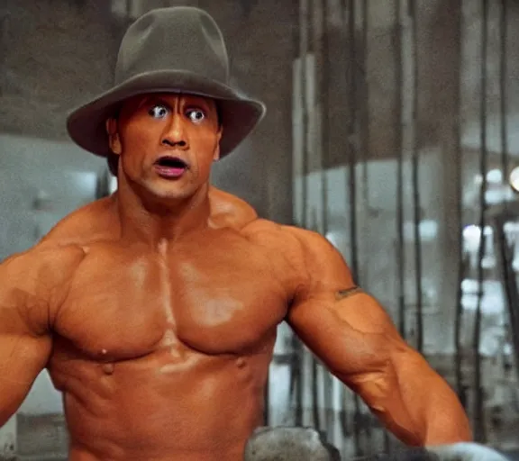 Image similar to dwayne johnson in a clockwork orange, movie still