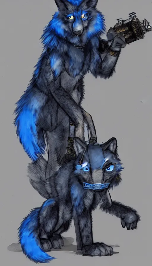 Image similar to dieselpunk furry blue wolf with fuzzy tail, concept art, dramatic, fantasy, pixiv