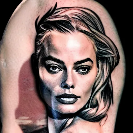 Prompt: tattoo design sketch of double exposure effect on margot robbie face and beautiful mountains, in the style of matteo pasqualin, amazing detail