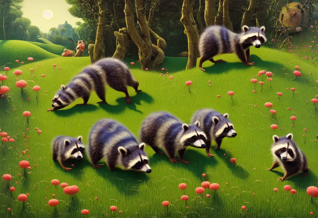 Image similar to hyper detailed 3d render like a Oil painting - playful raccoons frolic in a peaceful lush meadow, by Jacek Yerka, Mariusz Lewandowski, Houdini algorithmic generative render, Abstract brush strokes, Masterpiece, Edward Hopper and James Gilleard, Zdzislaw Beksinski, Mark Ryden, Wolfgang Lettl, hints of Yayoi Kasuma, octane render, 8k