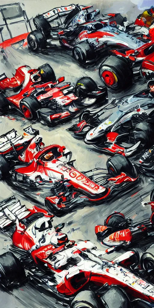 Image similar to oil painting scene from f1 racing by kim jung gi