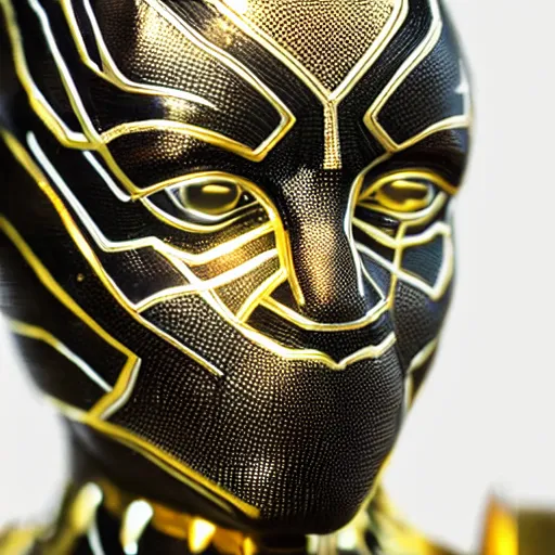 Image similar to a close up photo of a detailed golden statue of Black Panther, 8K,