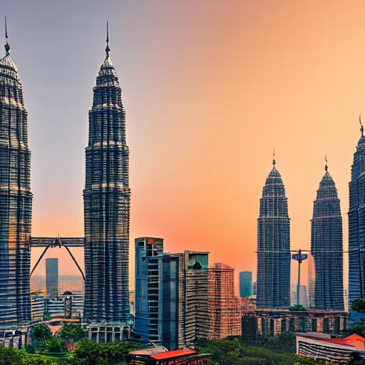 Image similar to the petronas towers replaced in the kuala lumpur skyline with elac debut floor standing speakers, ultra realistic, kodachrome 6 4, golden hour image