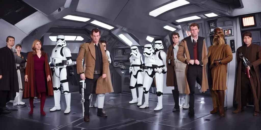 Image similar to The 10th Doctor on the bridge of the Enterprise D with the cast of Star Wars, photo, realistic, brightly lit