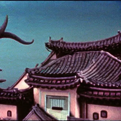 Prompt: a couple escaping from a giant Kaiju Starfish Monster over a traditional Korean village, minimal cinematography by Akira Kurosawa, movie filmstill, film noir, thriller by Kim Jong-il and Shin Sang-ok