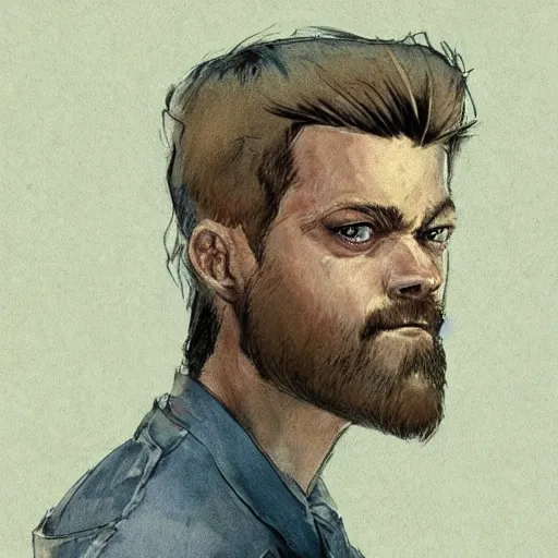 Prompt: beautiful portrait of a man with a short-beard blue eyes(looking like joshua jackson and aaron paul, sean astin), in the style of Enki Bilal and Joe Jusko and Alex Ross, backlit, concept art, trending on artstation