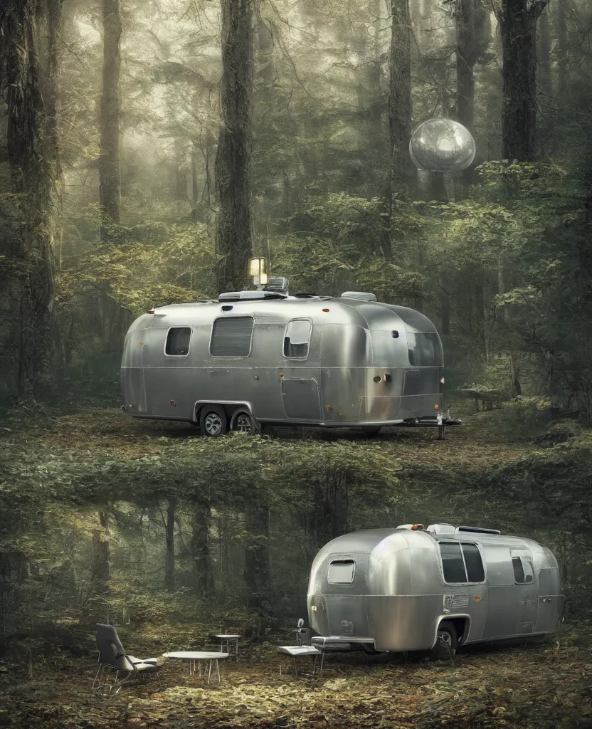 Image similar to image of a sylish vintage airstream camper in magical forest, photorealistic, digital painting, artstation, intricate artwork by Tooth Wu and wlop and beeple. octane render, trending on artstation, greg rutkowski very coherent symmetrical artwork. cinematic, hyper realism, high detail, octane render, 8k