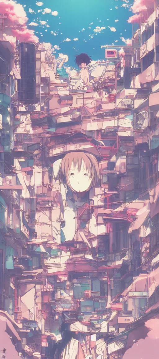 Image similar to beautiful anime! style vaporware tokyo japan, kawaii anime manga style, illustration, aesthetic, muted color disposition, minimalistic, simple art, neon pastel, hayao miyazaki