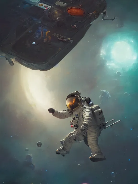 Image similar to photo of 8k ultra realistic astronaut floating in space, dark, stars, full of colour, cinematic lighting, battered, trending on artstation, 4k, hyperrealistic, focused, extreme details,unreal engine 5, cinematic, masterpiece, art by Peter Mohrbacher