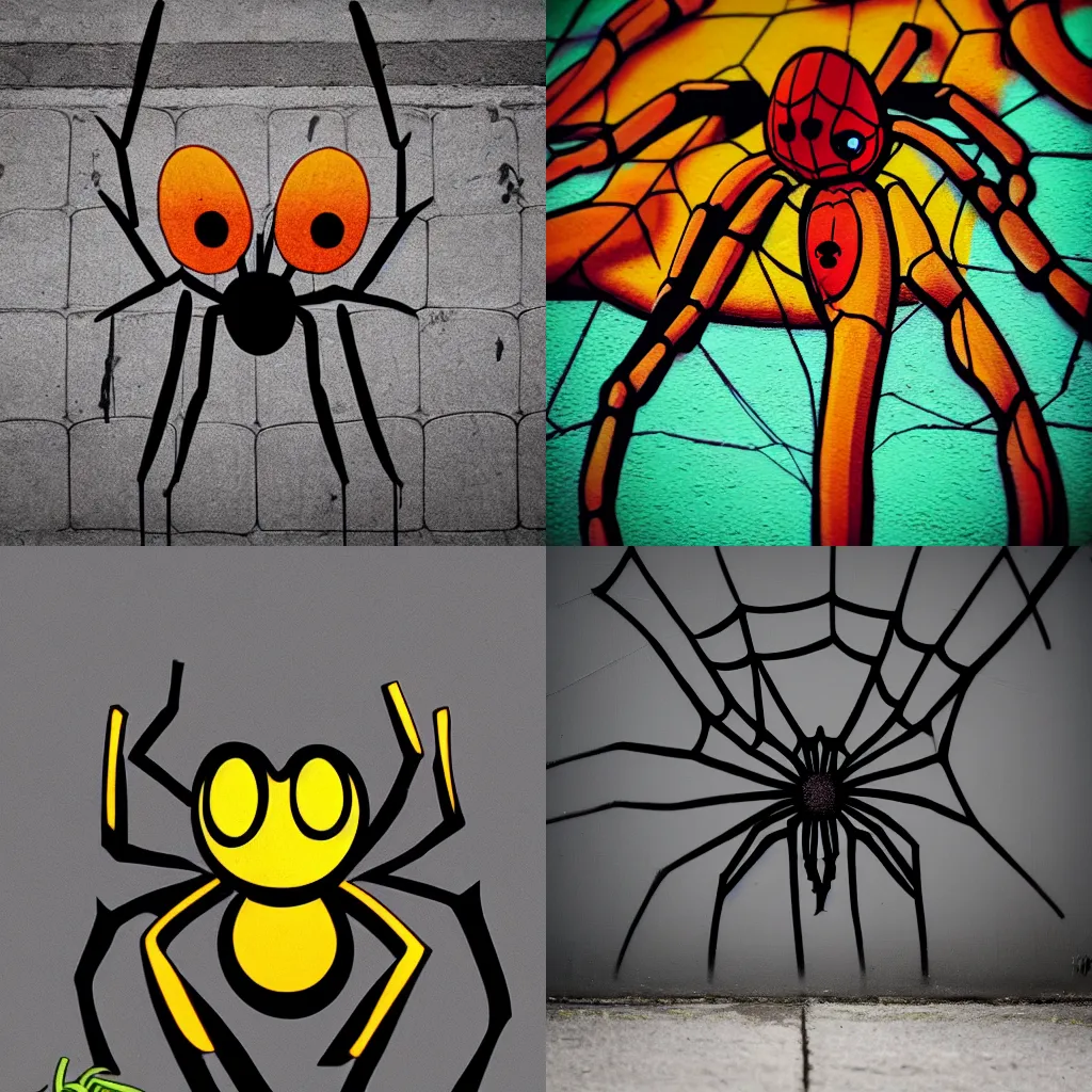 Prompt: sad spider, solemn, colorful, (minimal), graffiti
