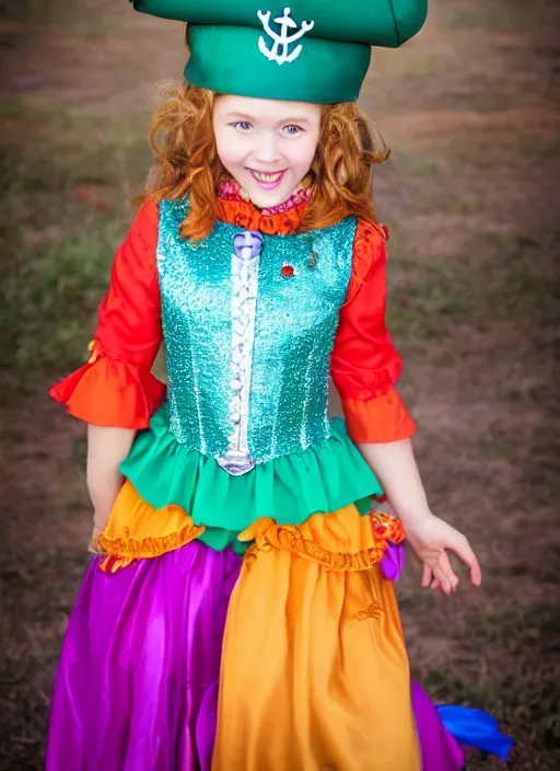 Image similar to a princess pirate in colorful clothing