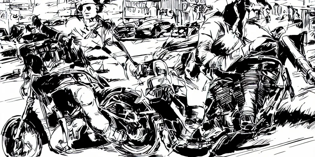 Image similar to motorcycle chase battle highway style of a graphic novel