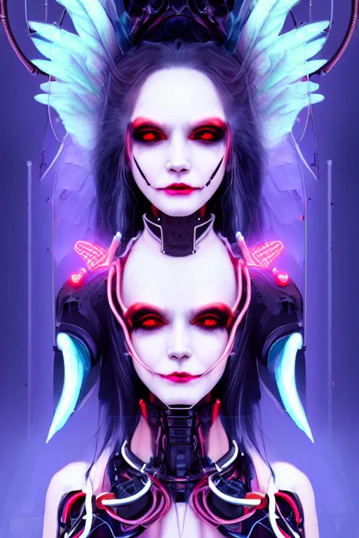 Image similar to portrait futuristic Devil Girl with horns and wings and feathers and armor, creepy smile, in future cyberpunk tokyo rooftop , ssci-fi, fantasy, intricate, very very beautiful, elegant, human anatomy, human structure, neon light, highly detailed, digital painting, artstation, concept art, smooth, sharp focus, illustration, art by tian zi and WLOP and alphonse mucha