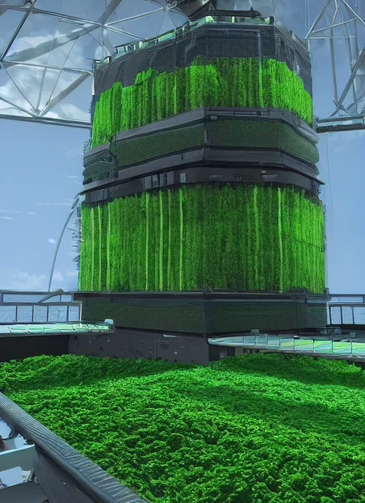 Image similar to a cargo ship that has an algae vertical farm built on it, futuristic, ultra-realistic, Unreal Engine