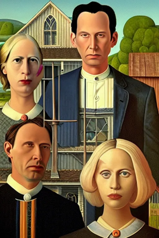 Prompt: painting of Keanu Reeves and Lady Gaga as the couple in American Gothic in the style of Grant Wood