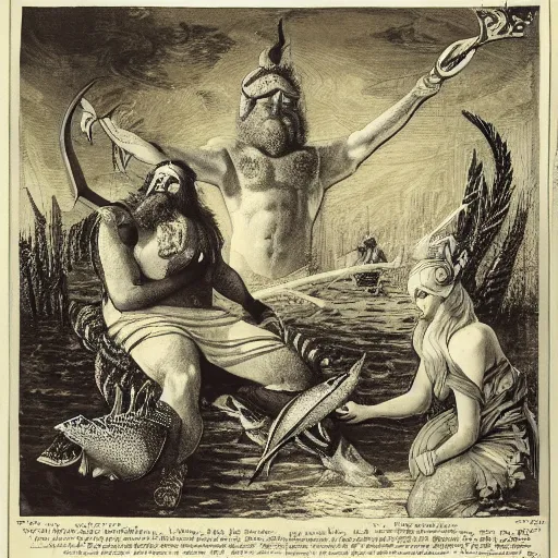 Prompt: The illustration shows a mythological scene. A large, bearded man is shown seated on a throne, surrounded by sea creatures. He has a trident in one hand and a shield in the other. Behind him is a large fish, and in front of him are two smaller creatures. rococopunk by William Wegman, by John Atkinson Grimshaw angular, kaleidoscopic