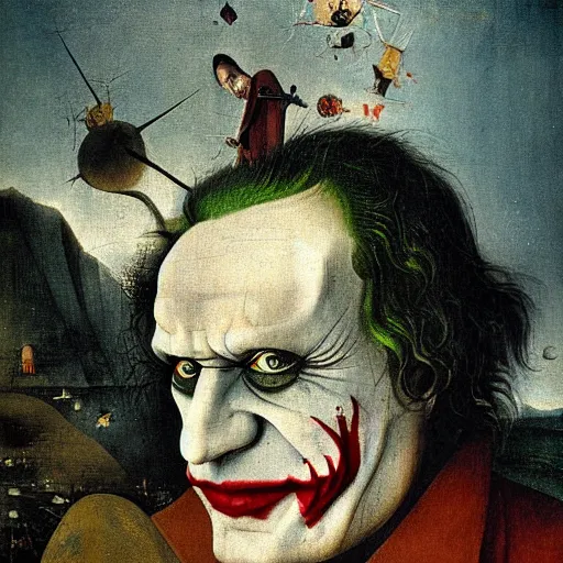 Image similar to the joker, drama, chaos matte painting by hieronymus bosch and zidislaw beksinsky