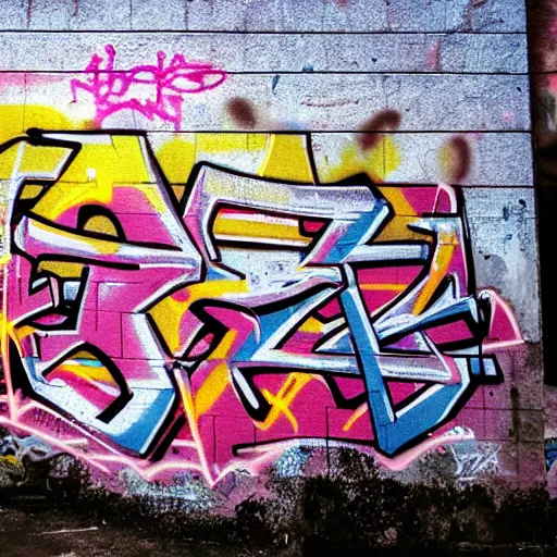 Prompt: graffiti on a wall in a run down building, happy mood, cyberpunk, futuristic, neon, high detail, golden light, realistic