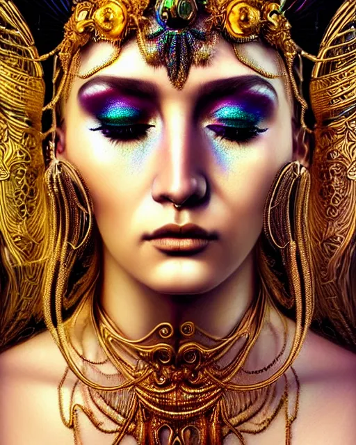 Image similar to hyperrealistic detailed portrait of a beautiful goddess in an iridescent - gold ornamental headdress, intricate cyberpunk make - up, golden face tattoos, art by android jones, john william godward, nekro borja, gothic - cyberpunk, beautiful deep colours,