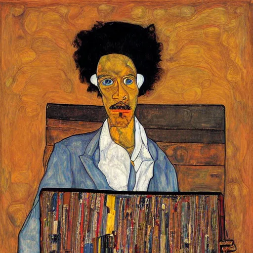 Image similar to Moodymann browsing a crate of records, oil on canvas, by Egon Schiele