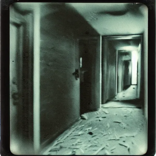 Prompt: a terrifying fungus monster at the end of a hallway, dark!, creepy, nightmare fuel!!!, horror, horrifying, unsettling, uncanny valley!, old polaroid, expired film,