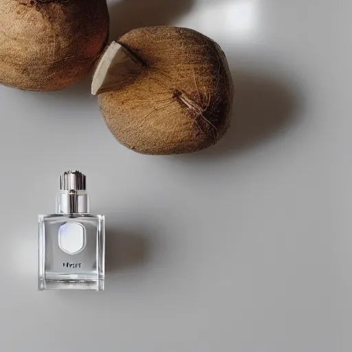 Image similar to centered white perfume bottle next to halved - coconuts, with white crisp zen modern minimalist bacgkround, illumination lighting, sharp focus, vogue, hartper's bazaar