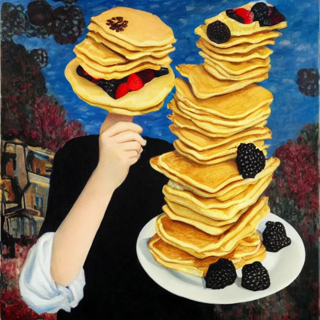 Image similar to tall emo female artist holding pancakes, in chippendale sydney, gold bars, maple syrup, snails, berries, pigs, octopus, acrylic on canvas, surrealist, by magritte and monet