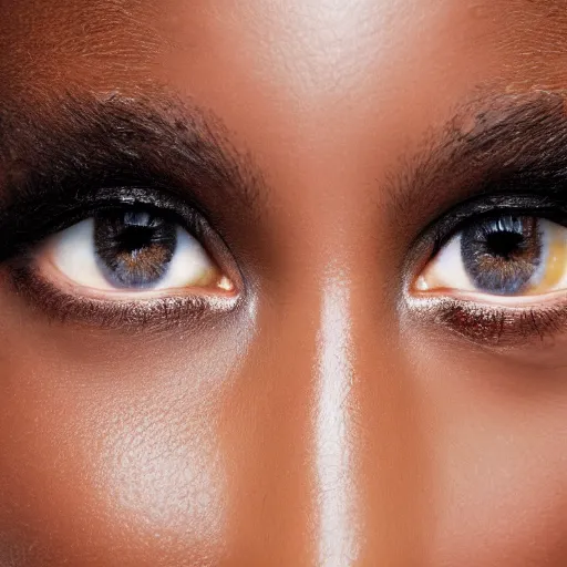 Image similar to a closeup portrait of a black woman with brown hair and brown eyes. Extremely clear and high quality eyes with reflection, realistic face and details, clear lips and high quality