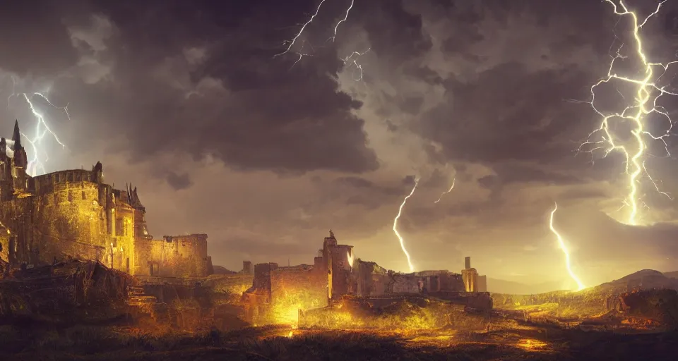 Image similar to Landscape with GIANT lightning bolt striking a medieval castle, center composition, cinematic, rendered by Beeple, Makoto Shinkai, environment concept, digital art, unreal engine, 3 point perspective, WLOP, trending on artstation, low level, 4K UHD image, octane render,