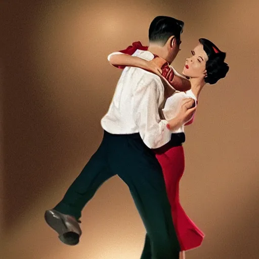 Prompt: a man dancing with a woman in the fifties photorealistic