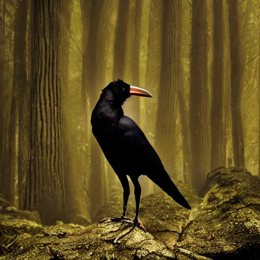 Image similar to crowman, mixture of a crow and human, werecrow, photograph captured in a dark forest