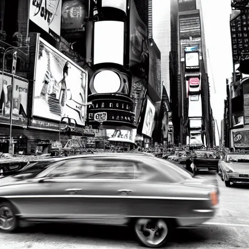 Prompt: A very futuristic car in NYC Times Square, old, vintage photography, DSLR, black and white