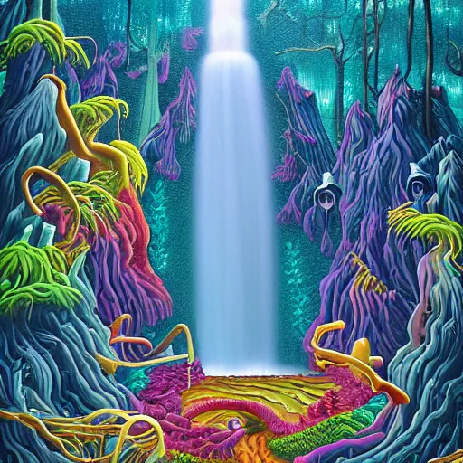 Image similar to ngc 3132 falling waterfall mysterious bone yard landscape by Casey Weldon, edge of the world, composite, colorful, high quality, featured art print, trending on behance