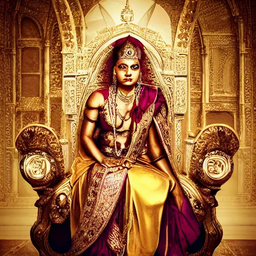 Prompt: the queen of india sitting on a throne, moody atmosphere, digital art, highly detailed, high contrast, beautiful lighting, award winning, trending on art station, photorealistic, 8 k,