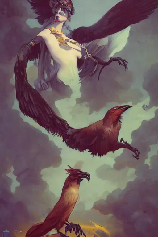 Image similar to Crow fursona by Peter Mohrbacher in the style of Gaston Bussière, Art Nouveau