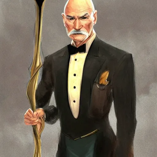 Image similar to older fantasy butler that looks similar to michael kane and patrick stewart, full body portrait, handsome, well groomed mustache, detailed, magic the gathering art style, balding, well dressed, pet rat on shoulder