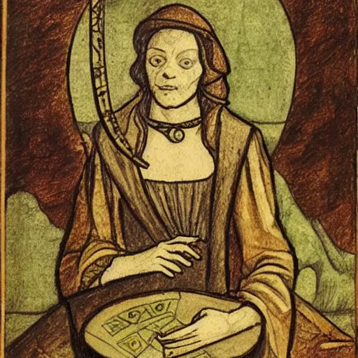 Prompt: a sketch of a renaissance tarot reader in the style of Leonardo DaVinci