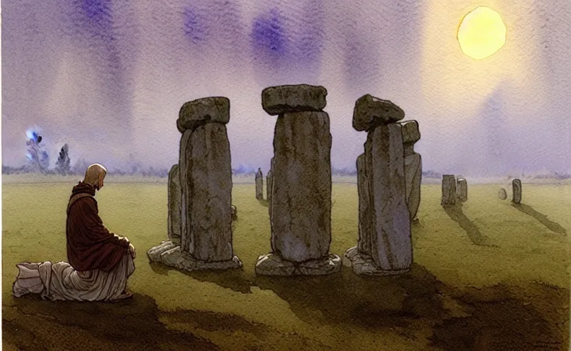 Image similar to a hyperrealist watercolour character concept art portrait of one small grey medieval monk kneeling in prayer as stonehenge floats in the air on a misty night. by rebecca guay, michael kaluta, charles vess and jean moebius giraud