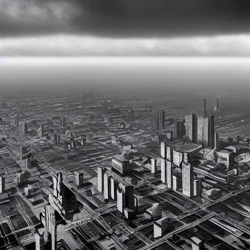 Prompt: surreal brutalist cityscape emerges from clouds below, moody, vast, uncaring