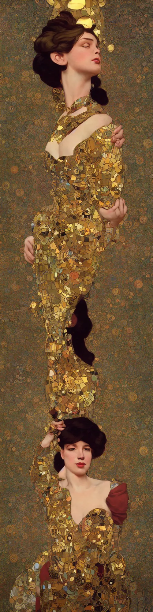 Image similar to modern woman | hyperrealistic | action pose | digital painting | trending on artstation | pinup portrait | clean | illustration | dressed | Unreal Engine 5 | 8k resolution | by Greg Rutkowski Alphonse Mucha Gustav Klimt and Mel Ramos