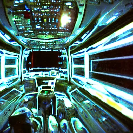 Prompt: handheld cam footage of the inside of the mothership, abduction